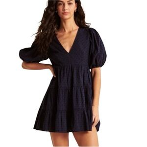 Abercrombie & Finch Baby Doll Puff Sleeve Swiss Dot Navy Blue Puff Sleeve Dress